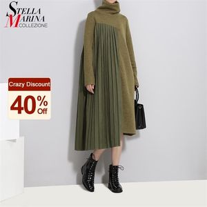 New Winter Woman Green Pleated Sweater Dress Woolen Patchwork Long Sleeve Turtleneck Lady Casual Irregular Style Dress Robe 210325