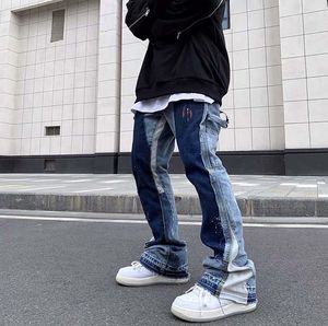 Patchwork Jeans Flare Painted Pants Men Slim Fit 1 High Quality Design Straight Biker Motocycle Men's Hip Hop Trousers For Male