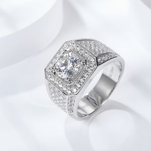 Anel de noivado de homens de noivado de homens de noivado de moissanita redonda de pedra de pedras preciosas 925 anéis masculinos de prata esterlina