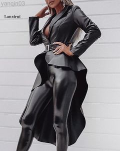 Autumn Asymmetrical Leather Outwears Black Sexy Club Fashion Full Sleeve High midje Slim Women X-Long Outwears L220801