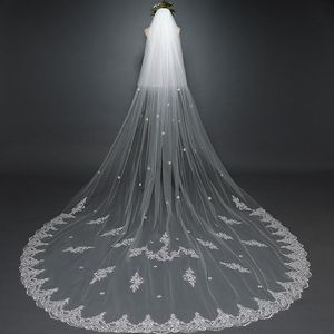 Brudslöjor av hög kvalitet 3,8 m vit spetsblomma enskikt med insert kambröllopslöja voile mariage accessoriesbridal