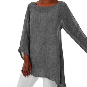 Plus Size Fashion Women T shirts Casual Loose Solid Color Linen O Neck Long Sleeve Irregular Tunic Tops Autumn Clothing 220628