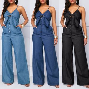 Mulheres denim estilingue macacão primavera verão baixo corte com decote em v peito rendas cintura alta botão para baixo solto perna larga bodycon macacão