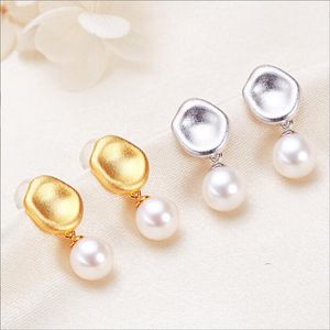S925 Silver 7mm Frosting Ear Studs Dingle Chandelier Natural Freshwater Pearl Earrings White Lady/Girl Fashion Jewelry