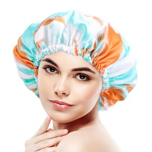 Newly Waterproof Tie-dye Shower Cap Women Double Layer Bonnet Bathroom Products With Elastic Band Hair Protect Beauty Cap