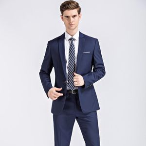 メンズスーツブレザーズ最新のコートパンツデザインネイビーブルーのウェディング男性ブランド服スリムフィットメンズフォーマルスーツジャケット パンツ2個