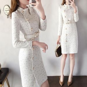 Casual Dresses 2022 Ankomst Autumn och Winter Office Women Elegant Tweed Dress O-Neck Långärmad kvinnlig Fashion Chic Vestidos X16