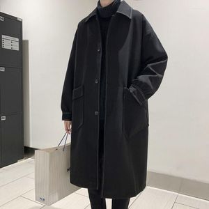 Męskie okopy płaszcze jesienne czarny płaszcz męski moda mody casual długie mężczyzn streetwear koreańska luźna kurtka wiatrówka męska męska