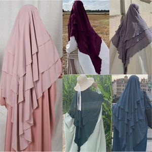 エスニック服eid祈りの衣服長いキマールイスラム女性純粋な色3層ターバントップスアバヤジルバブアバヤイスラム教徒アラブニカブヒジャーブ