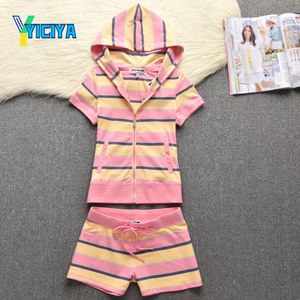 Yiciya Summer feminino de manga curta feminina Terno com capuz Fashion Leisure Sports Cardigan Duas peças, Women Women, Met 220511