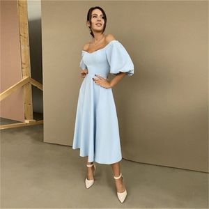 Churses Sexy Slash Neck Backless Midi Sukienka Jesień Elegancki Puff Pół Rękaw A-Line Długie Party Suknie Dla Kobiet 220406