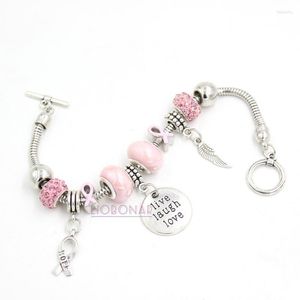 Bracelets Charm 10pcs Cáncer de mama Pulsera Pink Ribbon Live Laugh Love Charms para Bijoux Pulsera Fawn22