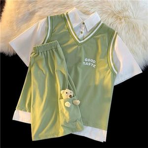 Women's Suits Sports Little Bear Shorts And Fake Two T-shirts Piece Sets POLO Korean Loose Short Sleeve T Shirt Summer 220509