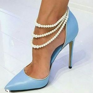Fashion White Pearl Embellished Wedding Dress Shoes Bride Cut-out Stiletto Heels Pointed Toe Pumps 12cm White Blue Black 220402