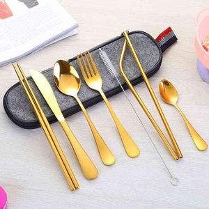 8 Pieces Set of High-grade Tableware Set Outdoor Western Food Knife Fork Spoon Chopsticks Straw Combination Portable Tableware Y220530