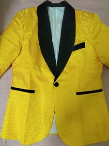 New Fashion Yellow Jacquard Groom Tuxedos Black Shawl Lapel Slim Fit Groomsmen Mens Wedding Dress Excellent Man Jacket Blazer 3 Piece Suit(Jacket+Pants+Vest+Tie) 2609