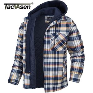 Tacvasen Mäns Flannellskjorta Jacka med avtagbar huva Plaid Quilted Fodrade Vinterrockar Tjock Hoodie Outwear Man Fleece Shirts 220323