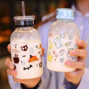 450ML Creative Cute Cartoon Fruit Milk Tea Glass Water Bottle with Straw Round Transparent Type Drinking Bottles 220509