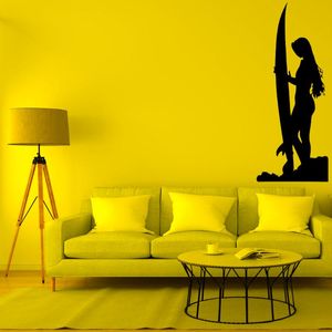 Wall Stickers Girl Holding Surfer Board Silhouette Sticker Decal Surfing Sports Home Living Room Art Decoration Removable A003114Wall