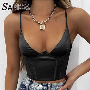 Sommer Sexy Schwarz Satin Seide Korsett Top Ärmelloses V-ausschnitt Bralette Tops Camis Weiß Schwarz Y2K Crop Top Frauen mini Weste 210401