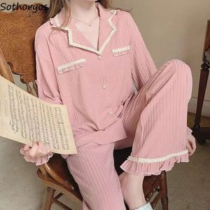 Pyjama sätter kvinnor långa ärmar v hals söta nattkläder rufsar två stycken pajamas kvinnlig sexig daglig hemmalounge slitage koreansk stil l220803