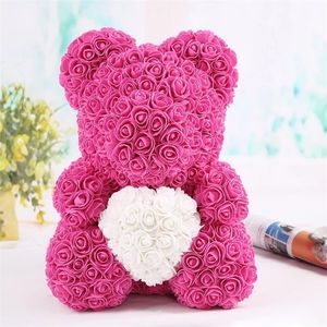 Hot 40cm Artificial Rose Heart Teddy Bear Handgjord björn av rosor för kvinnor Alla hjärtans dag Bröllop Bithday Gift Drop Shipping T200103