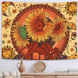 Boho-Sonnenblumen-Wandteppich, ästhetische Raumdekoration, Sonne und Mond, Blumen, Polyester, Mandala-Wanddekoration, Kunstteppich, böhmische Vorhänge, J220804