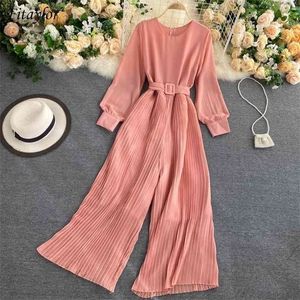 Fitaylor New Autumn Elegant Solid Jumpsuits Women Office Lady Long Sleeve With Belt O Neck Pleated Wide Ben Byxor 210326