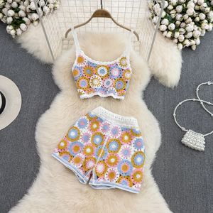 2022 New fashion women's high waist spaghetti strap crochet hollow out flower vest and elastic shorts twinset beach suit