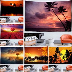 Tropical Sandy Beach Scenery Sunset Landscape Tapestry Wall Hanging Bohemian Hippie Art Room Home Decor J220804