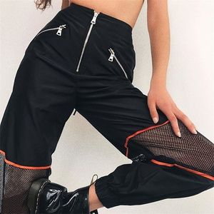 Black Mesh Patchwork Zipper Spodnie Jogger Kobiety luźne spusty o wysokim poziomie talii Kobiety Streetwear Pantalon Hip Hop Pants T200606
