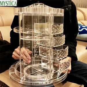 NEW 360-degree Rotating Drawer Makeup Storage Box Brush Holder Jewelry Organizer Case Transparent Acrylic Cosmetic Organizer Box T200115