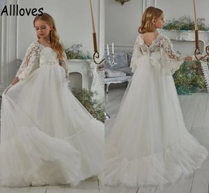 Boho Lace Long Sleeves Flower Girl Dresses For Wedding Party Tulle A Line Children Kids Formal Occasion Princess Pageant With Bow Baby First Communion Dress CL0727