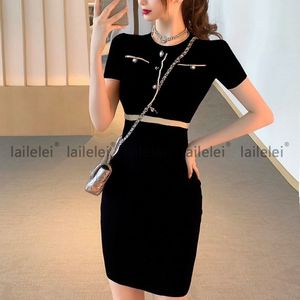 Button bodycon o nacke kort ärm stickad klänning kvinnor elegant fest koreansk mode office lady sommar sundress robe femme 220521