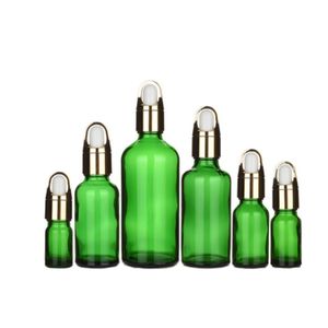 Essential Oil Bottle Glass Empty Clear Green Round Gold Flower Basket Lid Cosmetic Container Refillable Dropper Bottles 5ml 10ml 15ml 20ml 30ml 50ml 100ml