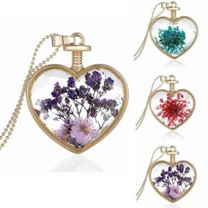Glömma-me vintage blommor hänge halsband hjärtformat pressade glas fina smycken sommarstil långa krage halsband267e