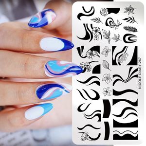 NICOLE DIARY Wave Swirls Nail Stamping Plates French Nails Stamp Templates Leaves Flower Stripe Lines Image Printing Stencils