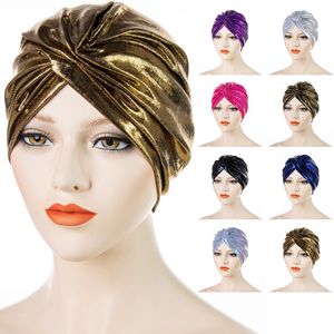 Neueste Retro Turban Kappe Stirn Kreuz Muslimischen Hijabs Laser Indische Hüte Motorhaube Für Frauen Designer Damen Pflege Kopf Wrap beanie