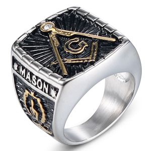 Unique Men's Crystal Masonic Rings High Quality Stainless Steel Freemason AG Symbol Jewelry Wedding Band 18K Gold Plated With Small Single stone