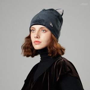 Beanie Skull Caps 2022 Fashion Autumn Winter Velvet Sweet Cat Ear Perm Drill Lady's Cover Hat1 Eger22