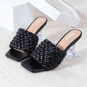 Kadın Ayakkabı Yaz Terlik Sandalet Cam Topuk Katırlar Slaytlar Kristal Topuk Ayakkabı Kare Ayak Toe Açık Tasarımcı 220610