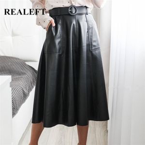 REALEFT Autumn Winter Faux PU Leather Mi-long Skirt with Belted High Waist Vintage Mid-calf Chic Umbrella A-Line Skirts 220401