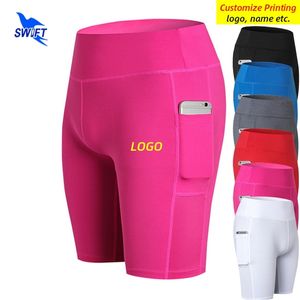 Andningsbara höga midja kvinnor som kör strumpbyxor med Pocket Slim Fit Yoga Shorts Gym Fitness Quick Dry Elastic Short Pants Anpassa 220704