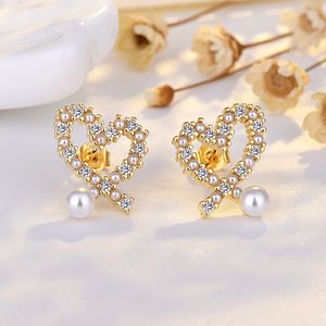 Stud 925 silver OL sweet love heart stud earrings with shining crystal bling diamond 18K gold luxury pearl designer ear rings earings earring jewelry giftSimplicity