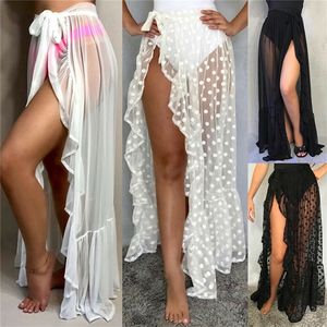 Sexy Mulheres Malha Sheer Beach Bikini Cover Ups Férias Protetor Solar Envoltório Saia RufflesDot Cintura Alta Split Up 220524