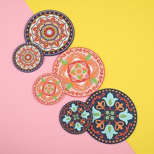 Silicone Table Mats Placemats Retro Print Pattern Non-Slip Round Colorful and Creative Mug Coaster Heat-resistant Cup Coasters W4