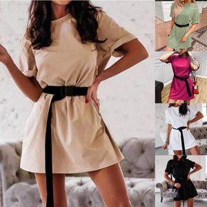 Summer Women's Dress Fashion Loose T-shirt med Belt Solid Color Home Sport Grils Ladies for Women 2022 Casual Dresses