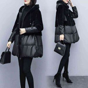 2022 frauen PU Leder Jacke Winter Neue Lose Pelzmantel Faux Schafschur Nähte Baumwolle Leder Mantel Lose Mit Kapuze Parkas l220728