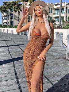 Forefair Sexy Summer Beach Dress Knitted Bodycon Sleeveless Backless Split Y2k 2022 Club Strap Maxi White Women Dresses Party Y220413