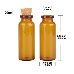 50st 20 ml Amber Glass Potion Bottles Glass Burs Vials Terrarium med korkstopp för DIY -storlek: 24x65x12.5mm